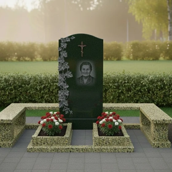 Гранитный памятник с виноградной лозой и крестом, гранит Балтик грин