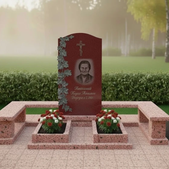 Гранитный памятник с виноградной лозой и крестом, гранит Лезниковский