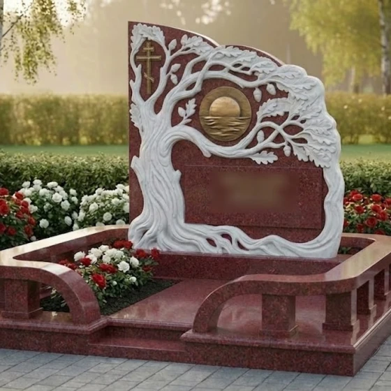 Комбинированный памятник с древом и золотым крестом, гранит Лезниковский