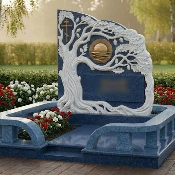 Комбинированный памятник с древом и золотым крестом, гранит Блю Перл