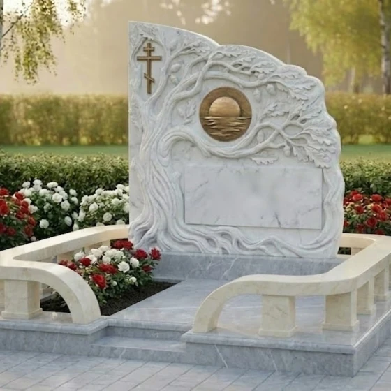 Комбинированный памятник с древом и золотым крестом, мрамор Тассос