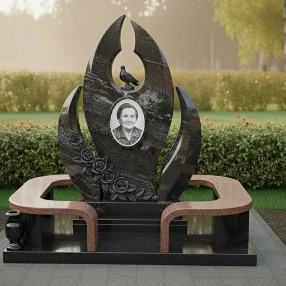 Элитный гранитный памятник с голубями и розами, гранит амфиболит