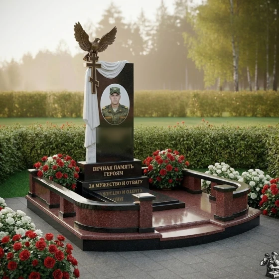 Гранитный памятник с орлом, крестом и драпировкой, гранит Габбро-диабаз