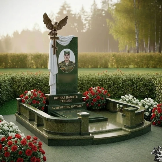 Гранитный памятник с орлом, крестом и драпировкой, гранит Балтик грин