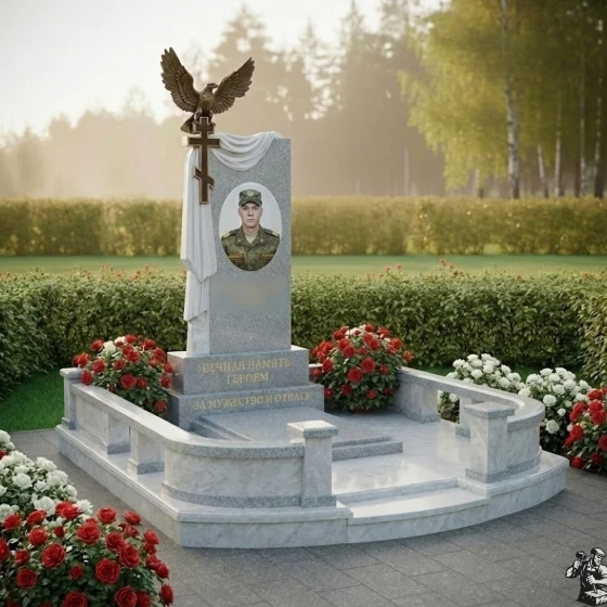 Гранитный памятник с орлом, крестом и драпировкой, гранит Мансуровский