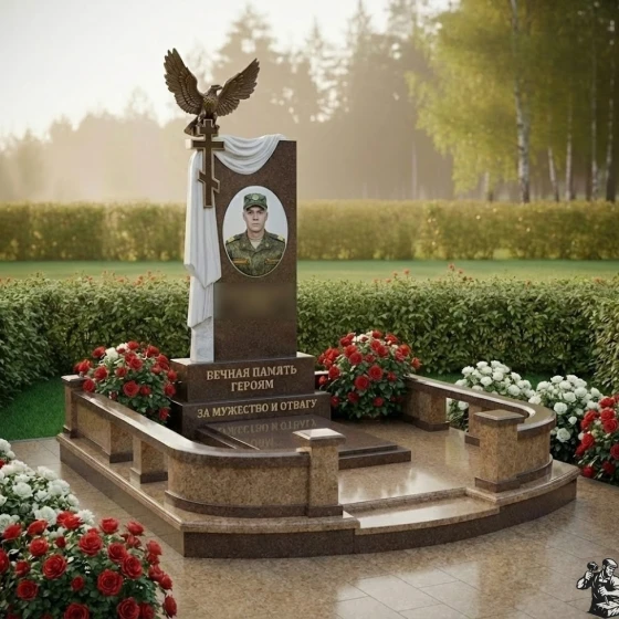 Гранитный памятник с орлом, крестом и драпировкой, гранит Дымовский