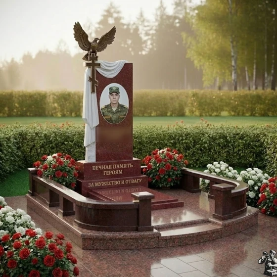 Гранитный памятник с орлом, крестом и драпировкой, гранит Лезниковский