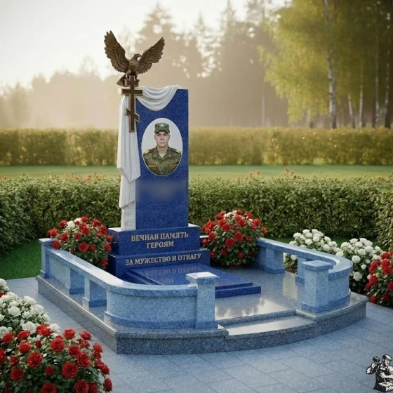 Гранитный памятник с орлом, крестом и драпировкой, гранит Блю Перл