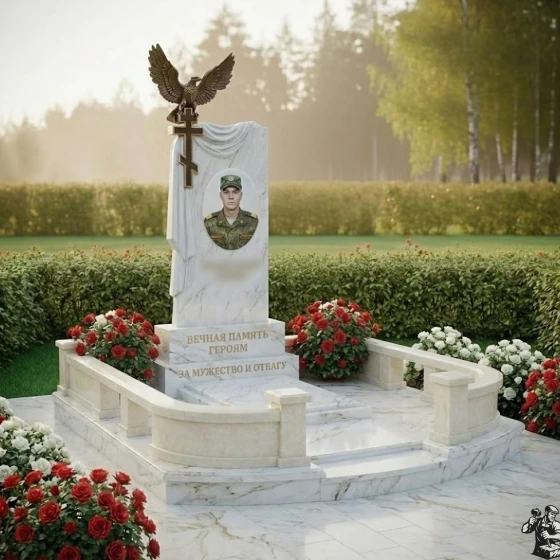 Гранитный памятник с орлом, крестом и драпировкой, мрамор Тассос