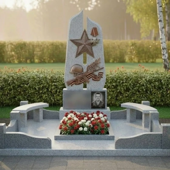 Гранитная мемориальная композиция с объемной звездой и орденом, гранит Мансуровский