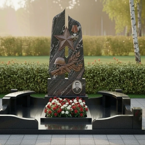 Гранитная мемориальная композиция с объемной звездой и орденом, гранит амфиболит
