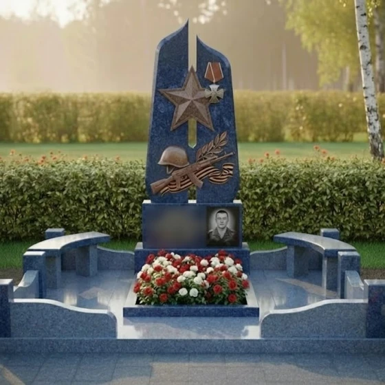 Гранитная мемориальная композиция с объемной звездой и орденом, гранит Блю Перл
