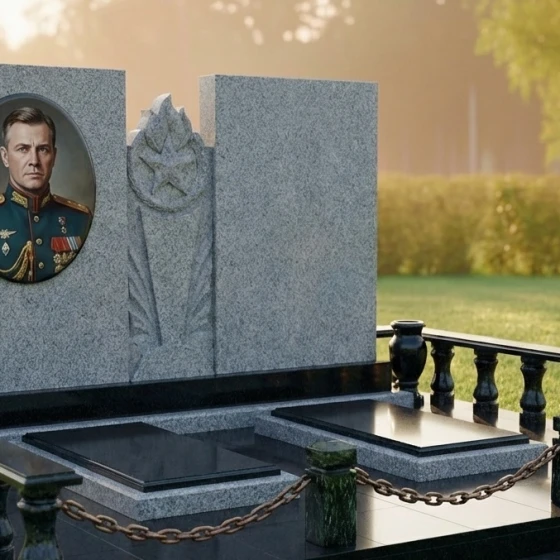Горизонтальный гранитный памятник со звездой, гранит Мансуровский