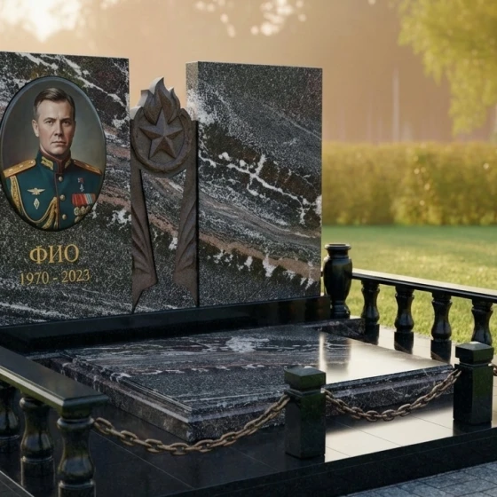 Горизонтальный гранитный памятник со звездой, гранит амфиболит