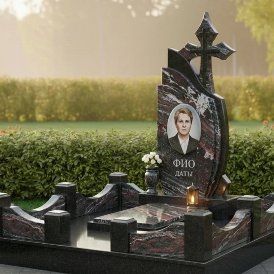 Гранитный памятник с объемными розами и крестом, гранит амфиболит