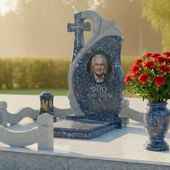 Православный памятник с крестом-волной, гранит Блю Перл
