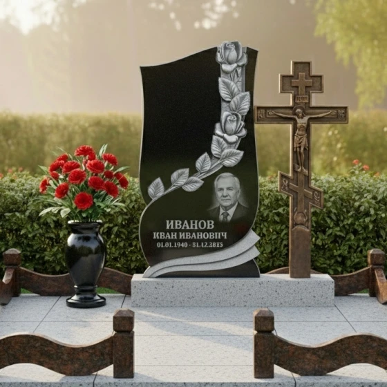 Памятник с резьбой роз и православным крестом, гранит Габбро-диабаз