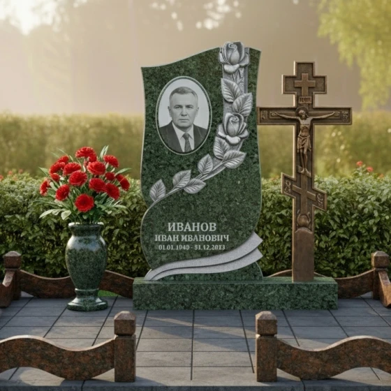 Памятник с резьбой роз и православным крестом, гранит Балтик грин
