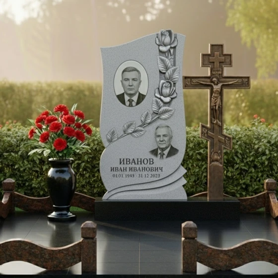 Памятник с резьбой роз и православным крестом, гранит Мансуровский