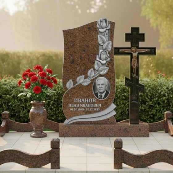 Памятник с резьбой роз и православным крестом, гранит Дымовский