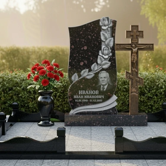 Памятник с резьбой роз и православным крестом, гранит амфиболит