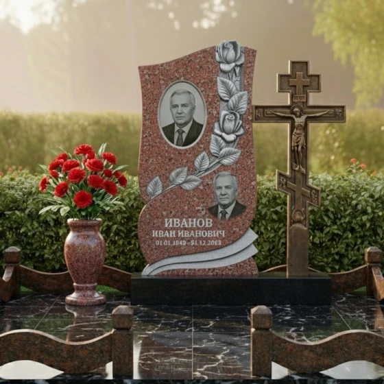 Памятник с резьбой роз и православным крестом, гранит Лезниковский