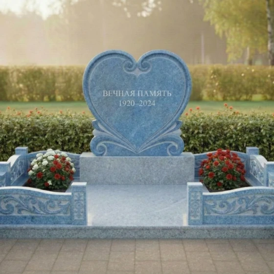 Мемориальный комплекс с резным сердцем из гранита, гранит Блю Перл