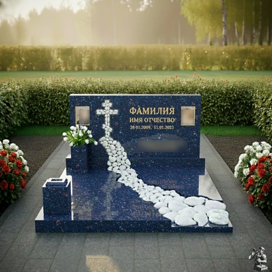 Горизонтальный памятник с рельефным крестом для двоих, гранит Блю Перл