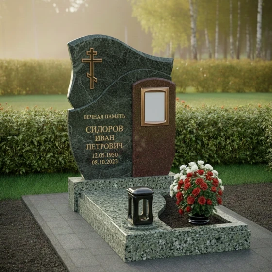 Православный памятник с плавной волной и крестом, гранит Балтик грин