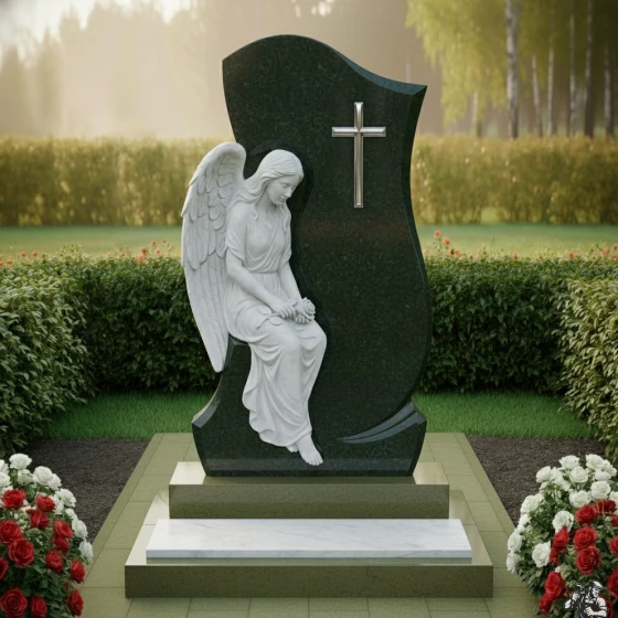 Элитный памятник со статуей скорбящего ангела, гранит Балтик грин
