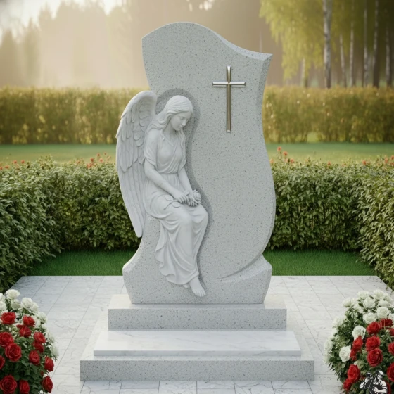 Элитный памятник со статуей скорбящего ангела, гранит Мансуровский