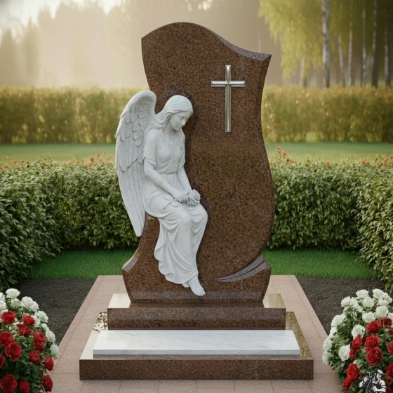 Элитный памятник со статуей скорбящего ангела, гранит Дымовский