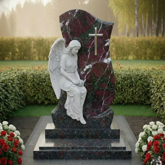 Элитный памятник со статуей скорбящего ангела, гранит амфиболит