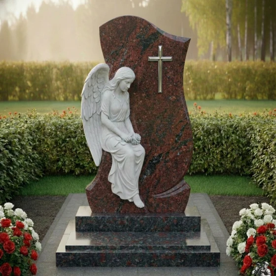 Элитный памятник со статуей скорбящего ангела, гранит Лезниковский