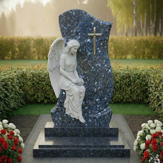 Элитный памятник со статуей скорбящего ангела, гранит Блю Перл