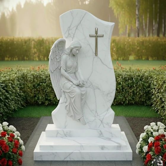 Элитный памятник со статуей скорбящего ангела, мрамор Тассос