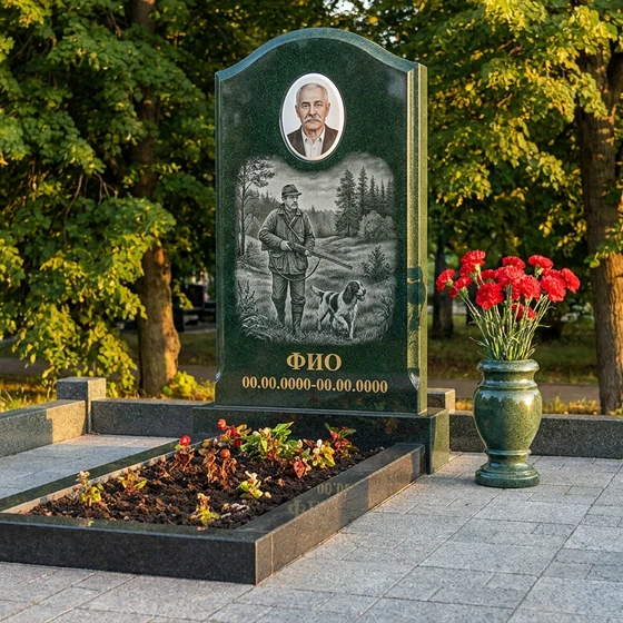 Гранитный памятник охотнику с аркой с гончей