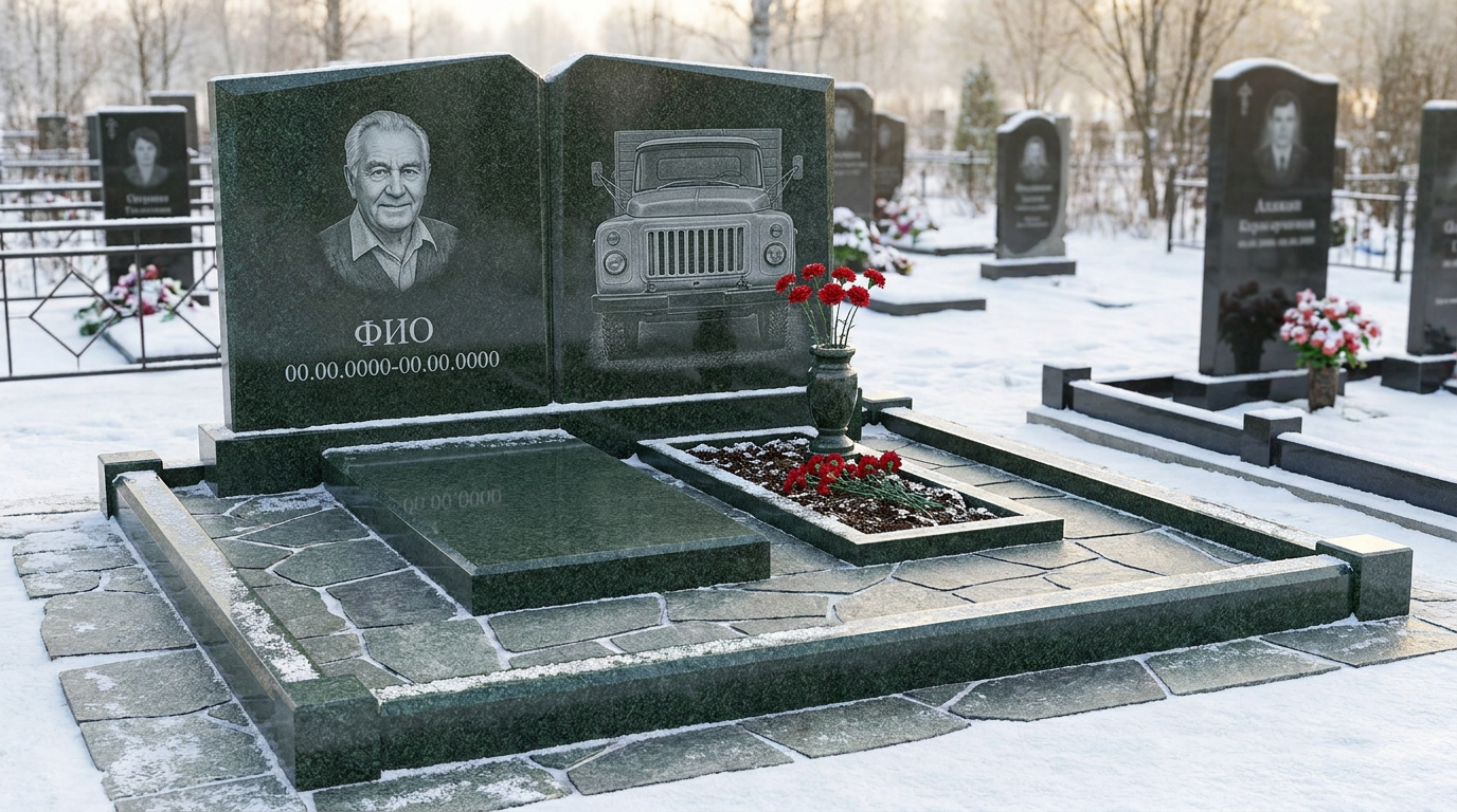 Пример дизайна: Гранитный памятник дальнобойщику с фактурой скалы с трассой