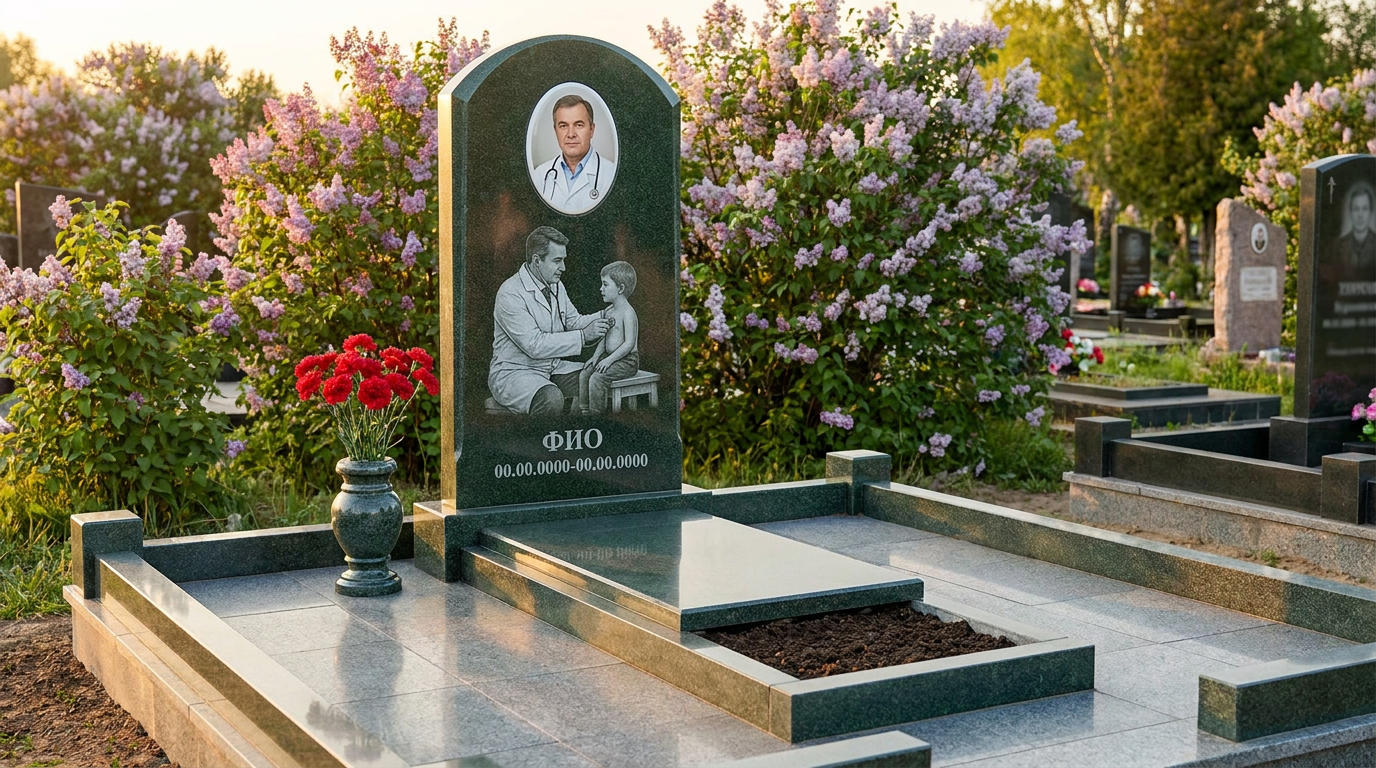 Пример дизайна: Гранитный памятник врачу с аркой с медицинской символикой