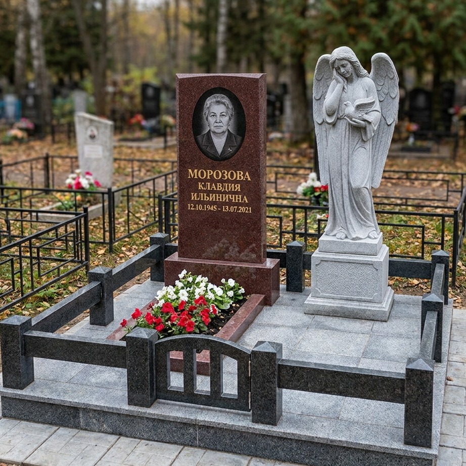 Пример дизайна: Памятник с ангелом из красного гранита — фото и цена