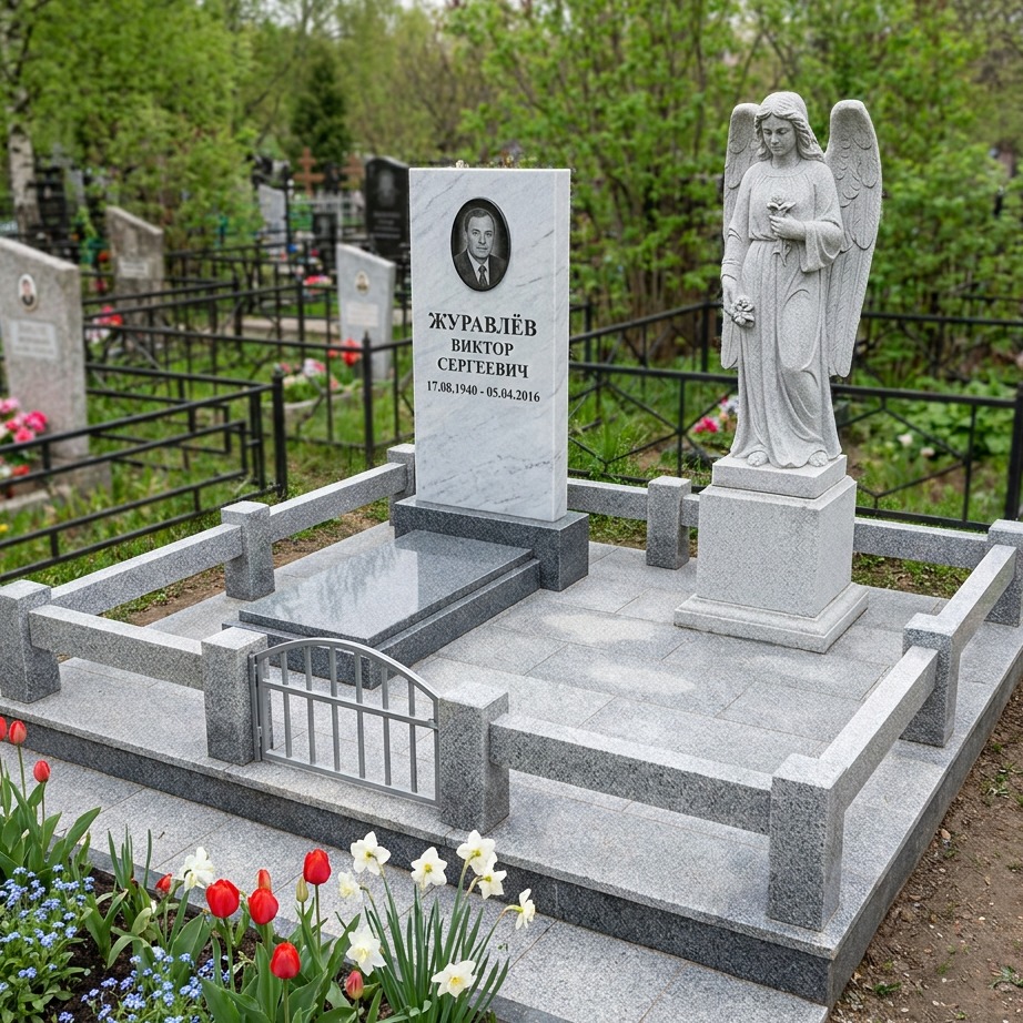 Пример дизайна: Памятник со скульптурой ангела из белого мрамора — фото и цена