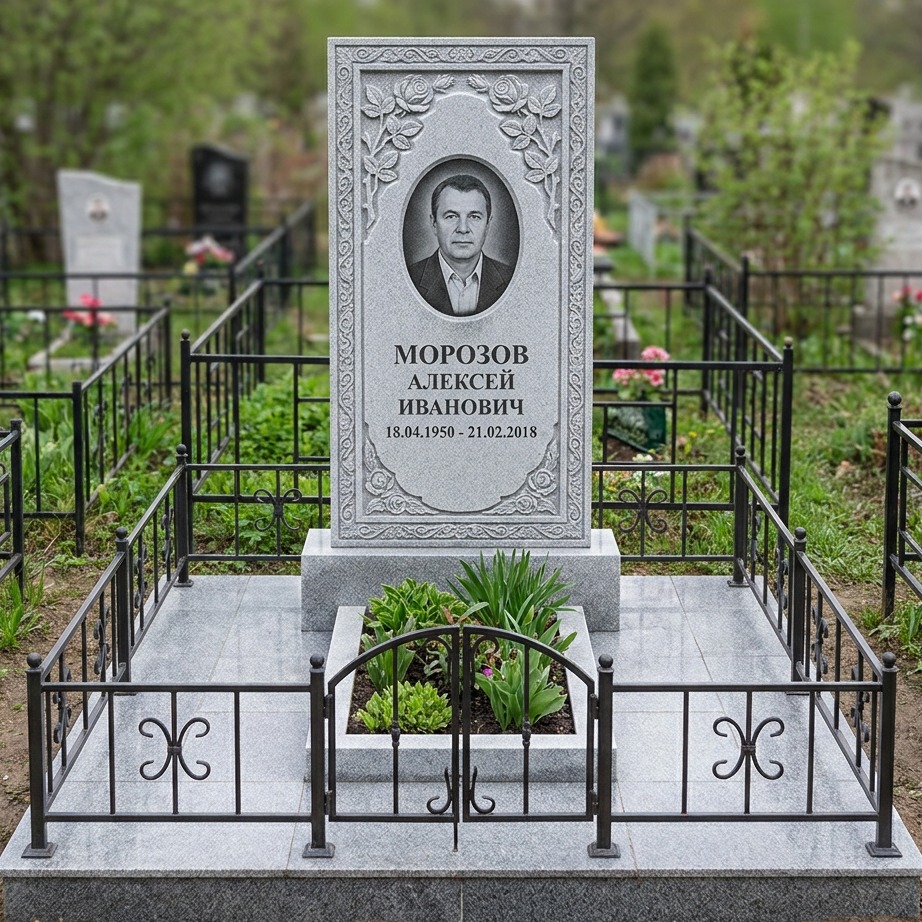 Пример дизайна: Памятник с орнаментом из серого гранита — фото и цена