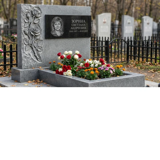 Гранитный памятник фигурный с крестом, цветник