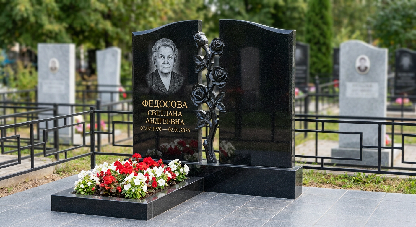 Пример дизайна: Комбинированный памятник с крестом из красного гранита — фото и цена