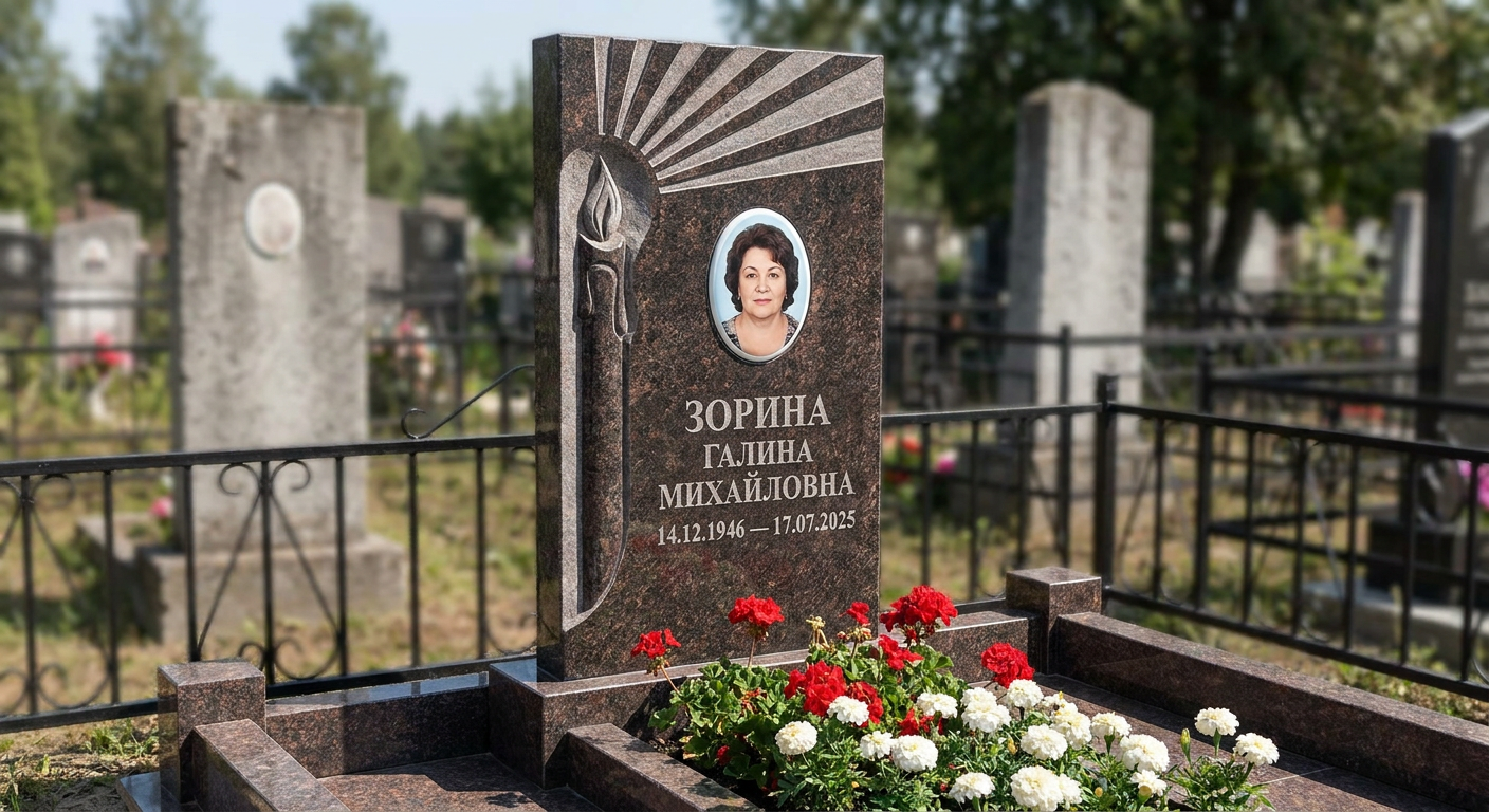 Пример дизайна: Памятник со свечой и лучом света из дымовского гранита с портретом
