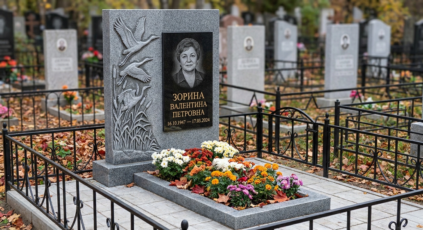 Пример дизайна: памятник с журавлями из серого гранита Мансуровский с портретом