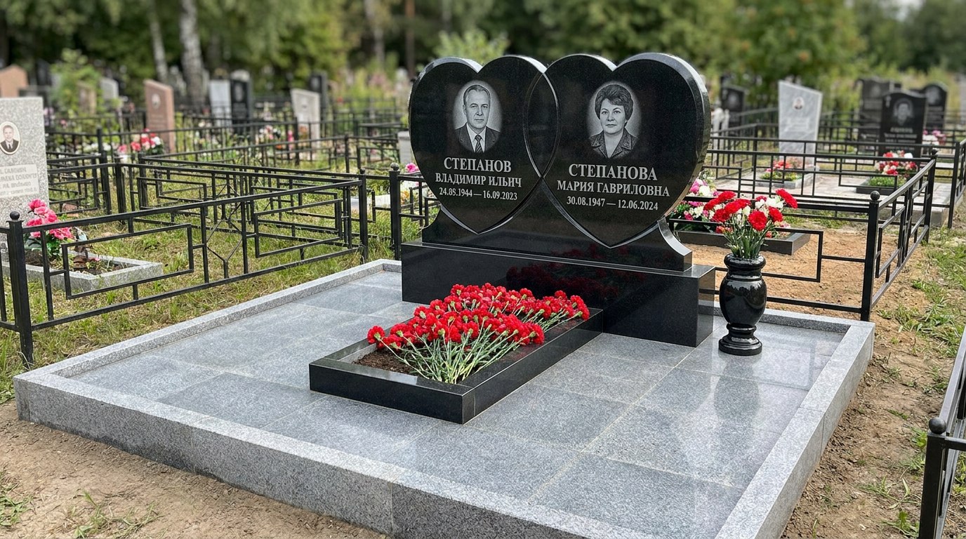 Пример дизайна: Комбинированный памятник в форме сердца на двоих — фото и цена