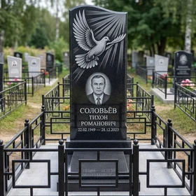 Гранитный памятник вертикальный с голубем и портретом