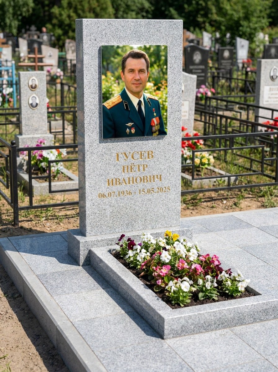 Портрет на памятнике в Ярославле — Прямоугольник на гранитной стеле, ФИО и даты на портрете